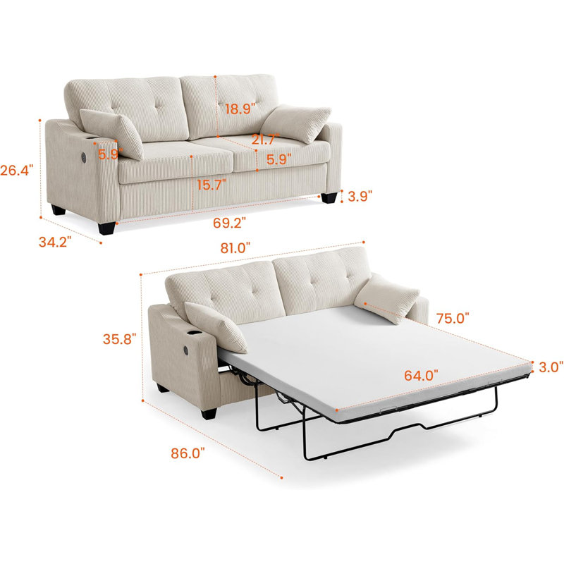 Pull Out Sofa Bed, Sleeper Sofa, 2-In-1 Convertible Corduroy Couch with USB Charging, Memory Form Couch for Living Room, Apartment and Small Space