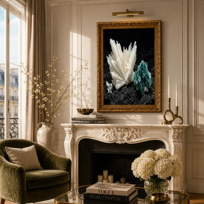 White Fan Crystals And Green Fluorite Cluster On Dark Stone Canvas Wall Art