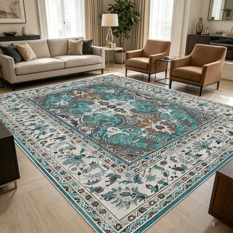 1PC Vintage Persian Teal Floral Bohemian area rugs for Living Room, Soft and Comfortable, Suitable for all seasons, easy-to-maintain, machine washable Indoor floor mat, Under Table Farmhouse suitable for dining table, entryway, bedroom, home office,