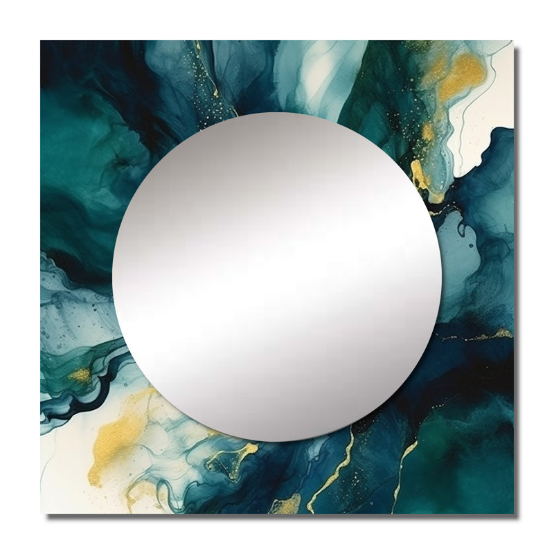 Cacilia - Grand miroir carré bleu foncé et doré à motif de fractales du XIXe siècle pour chambre à coucher, 29 po x 29 po