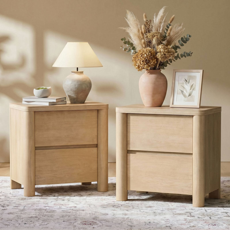 Table de chevet moderne Rondo 25,6 po de hauteur, en bois naturel courbé, avec 2 tiroirs, pour chambre à coucher (ensemble de 2)