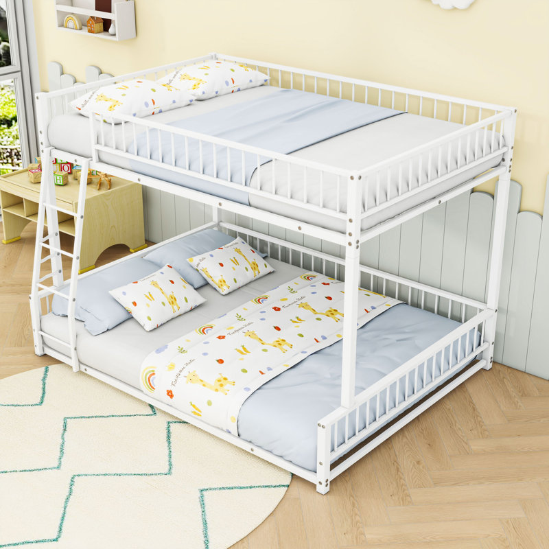 Bunk Bed Frame With Ladder And Guardrails, White, Full XL over Queen