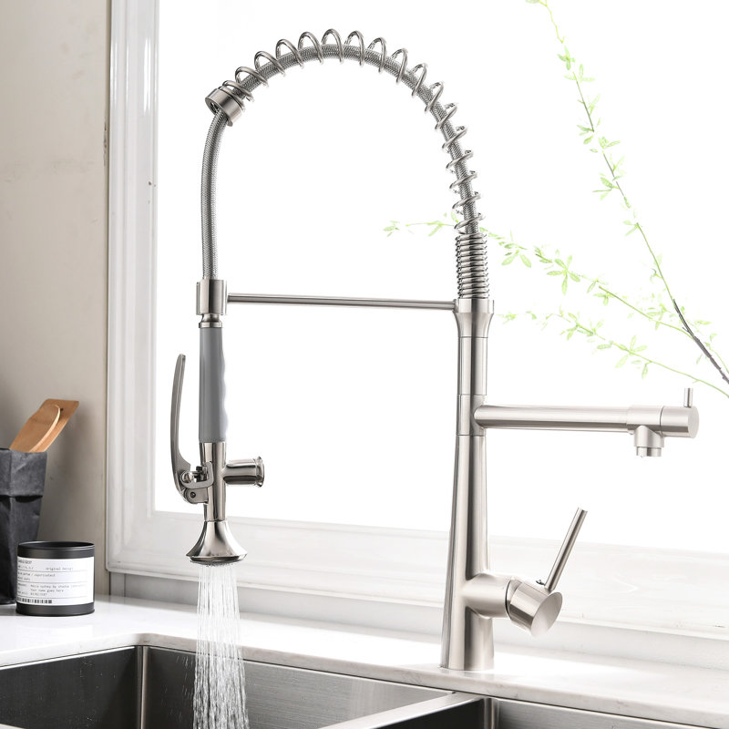 Modern Kitchen Faucet With Heavy Duty Spring Design And Brushed Nickel Surface High Arc Pull Down Pre-Rinse Ceramic Filler In