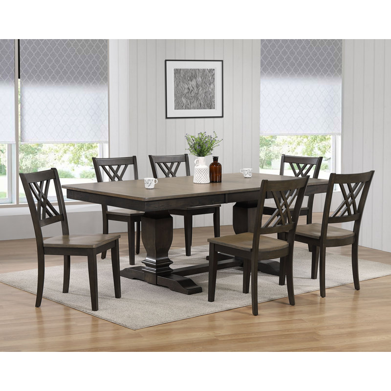 Comari 6 Person Extendable Solid Wood Dining Set in Grey With Takeout Leaf, Gray, Black