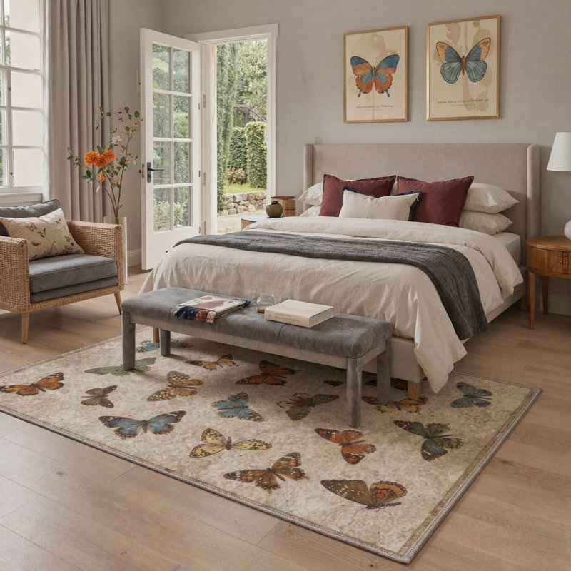 Novella Vintage Butterflies Machine Washable Beige / Brown Indoor Area Rug with Non-Slip Backing, Round 5'
