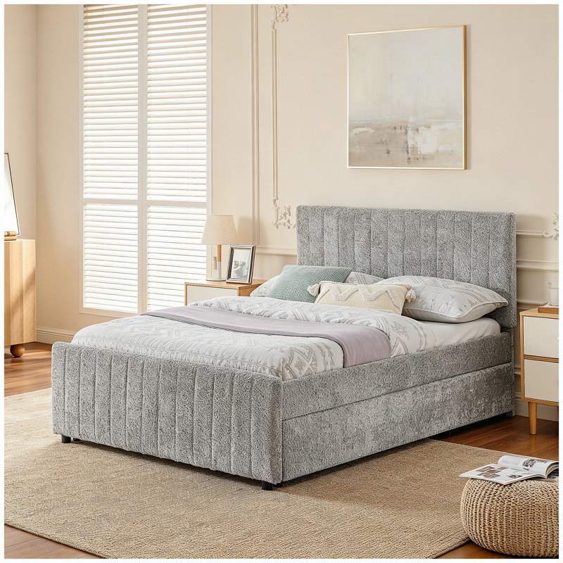Lit double tapissier pleine grandeur à rayures verticales avec dossier haut rembourré, lit gigogne caché simple ou double pour chambre à coucher et chambre d'amis, chenille