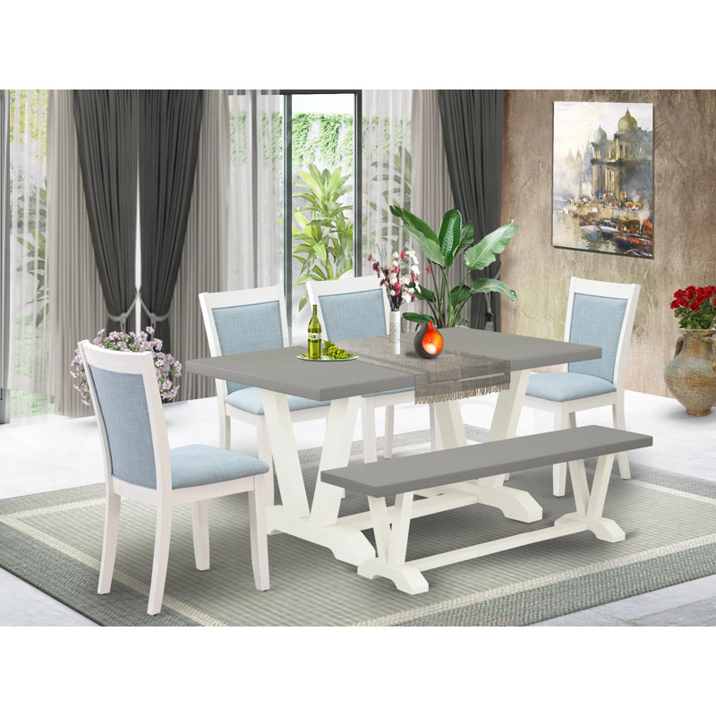 6-pc table set consists of a cement wood table a dining room bench and 4 baby blue linen fabric dinner chairs with high back-wire brushed linen white.