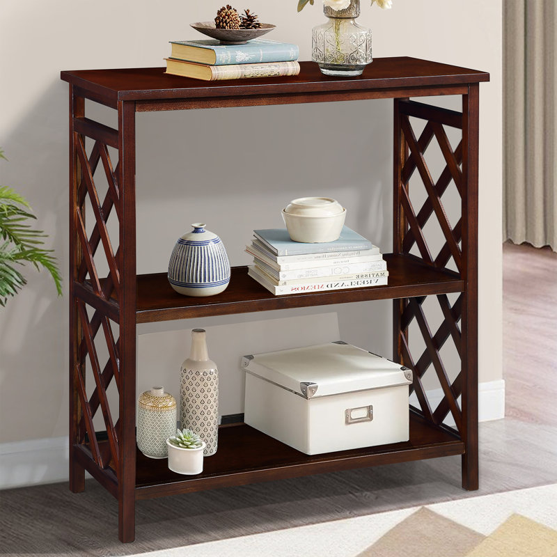 3-Tier Console Table Open Bookshelf Bookcase with Storage Shelves, Cherry