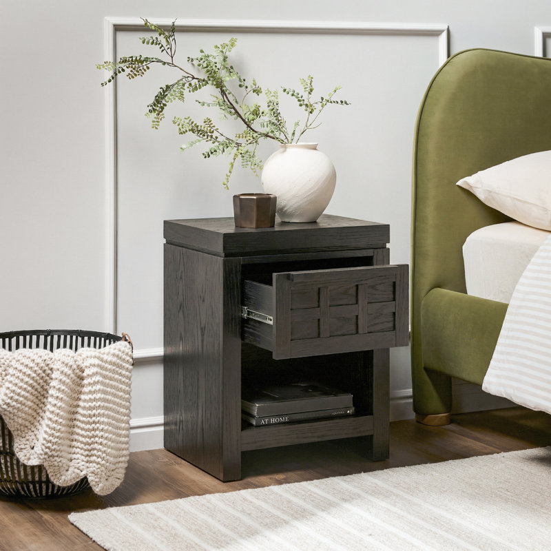 Bateson Modern 1 Drawer Nightstand Side Table, Black Oak