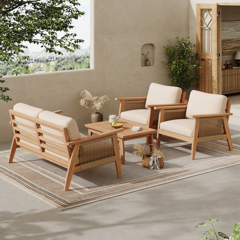 Ensemble de canapé modulaire d'extérieur 4 pièces en bois d'acacia et corde
