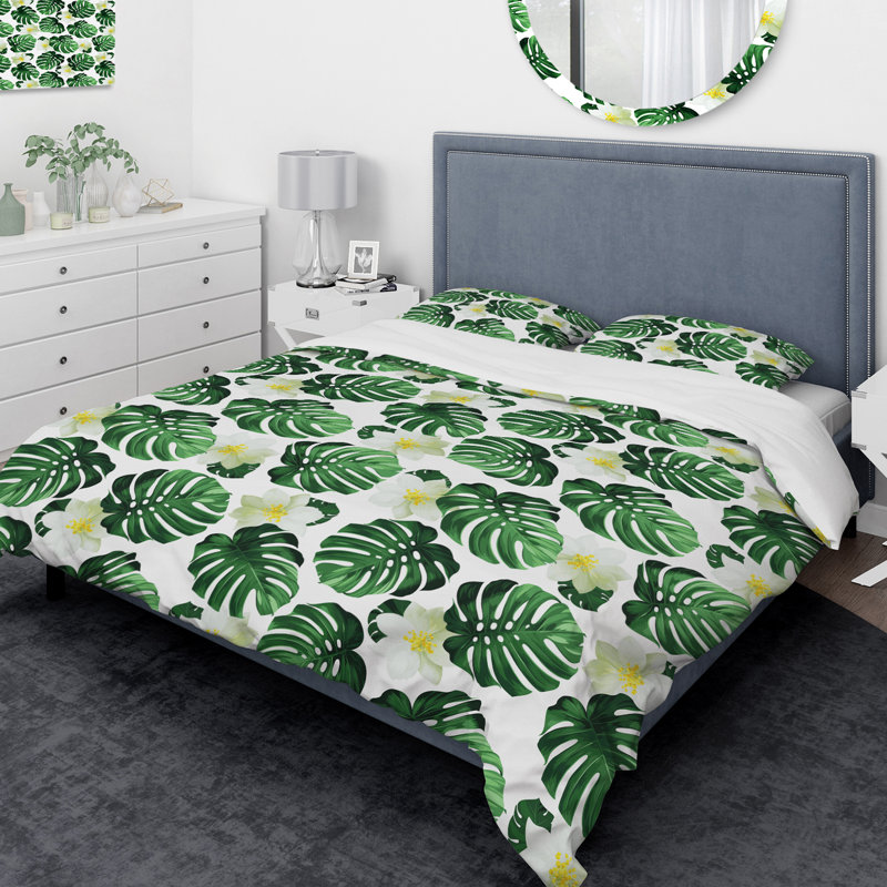 Ensemble de housse de couette designart monstera avec fleurs de fleurs exotiques, Housse simple + 1 taie décorative