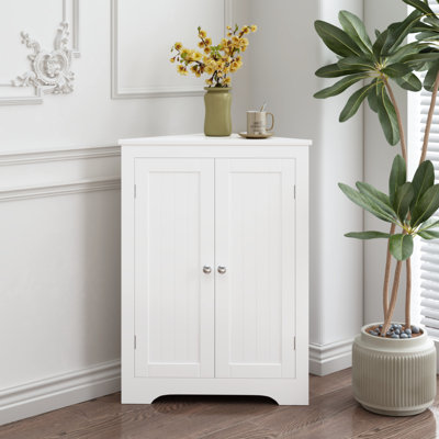 Adjustable Shelf White Corner Cabinet For Bathroom, Kitchen, Living Room, Bedroom - Freestanding Narrow 2-door Floor Storage With 2 Doors And For Room Captivating