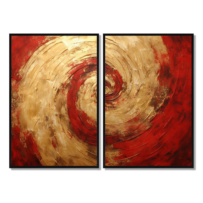 Fusion rouge or spirale III - 2 impressions sur toile modernes dorées, Noir, H 36 po x l 48 po, Impression encadrée flottante