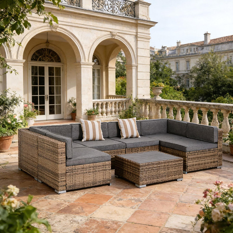 Ensemble de meubles de jardin en rotin, ensemble de canapé d'extérieur en osier, ensemble de conversation, Gris, Marron clair