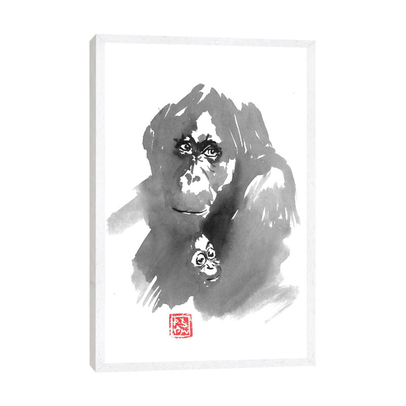 Gorilla Family by Péchane - Print on Canvas, 66.04 cm H x 45.72 cm W, White Framed