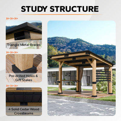 11 Ft X 10 Ft. Reinforced Wooden Hardtop Gazebo Patio Yard Shade with Privacy Curtains and Solid Wood Bartop