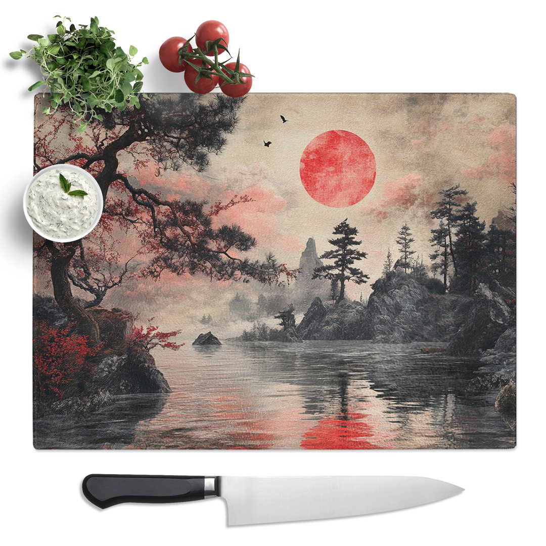 Japanese Sunset Painting  Glass Chopping Board