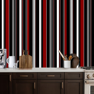 Peel and Stick Wallpaper Stripe seamless black red white grey vertical parallel colors Contact Paper Removable Self Adhesive Wall Mural Wall Decor for Bedroom Kitchen Cabinets 17.7in x 118in