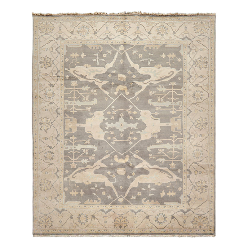 Tapis Oushak en laine, noué à la main, gris ivoire, style Arts & Crafts, 2,49 m x 3,02 m