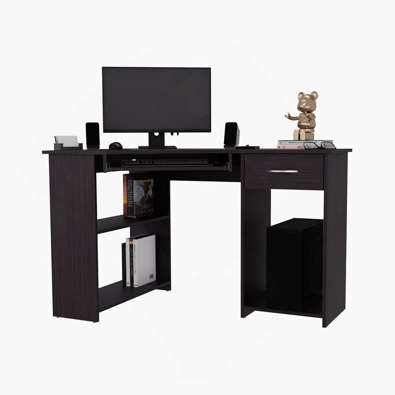 Bureau d'ordinateur d'angle en W avec tiroir et tablette Wenge, Wengé