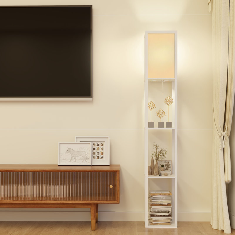 LED Shelf Floor Lamp, Wooden Reading Standing Light with Storage, Living Room Office, White
