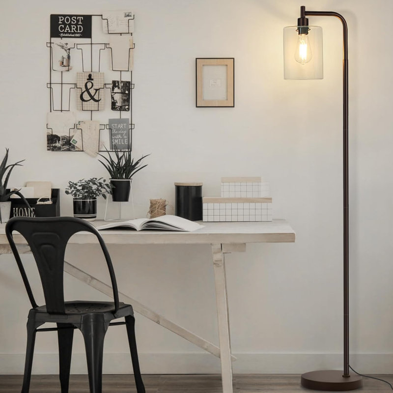 Industrial Floor Lamp, Modern Standing Lamps With Hanging Clear Glass Shade, Classic Reading Tall Pole Light For Living Room Bedroom, Black