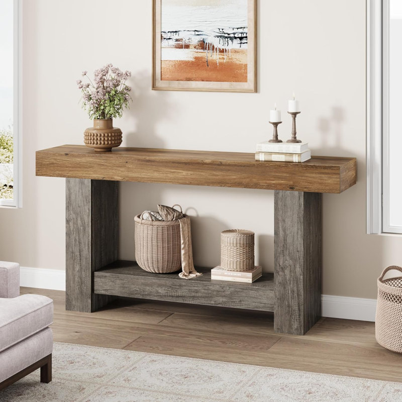63" Console Table for Entryway, Entry Accent Table for Living Room, Long  Console Table with Storage, Farmhouse Hallway Table with 2-Tier Storage Shelf, Rectangular Sofa Table Behind Couch