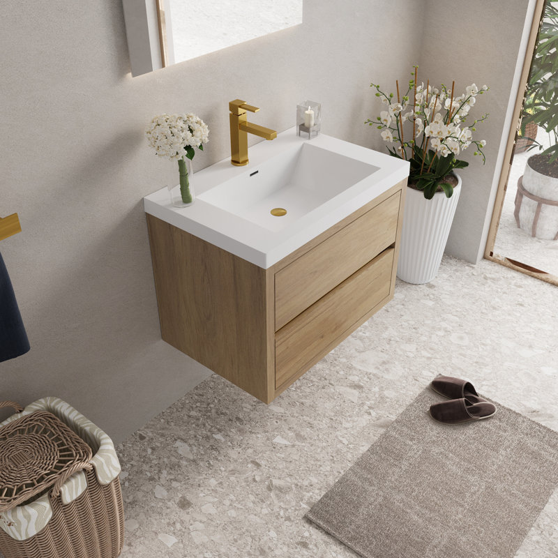 Wall-Mounted Bathroom Vanity - Sink, Floating Storage Cabinet, Stone Resin Countertop, Soft Close Drawers, 30"