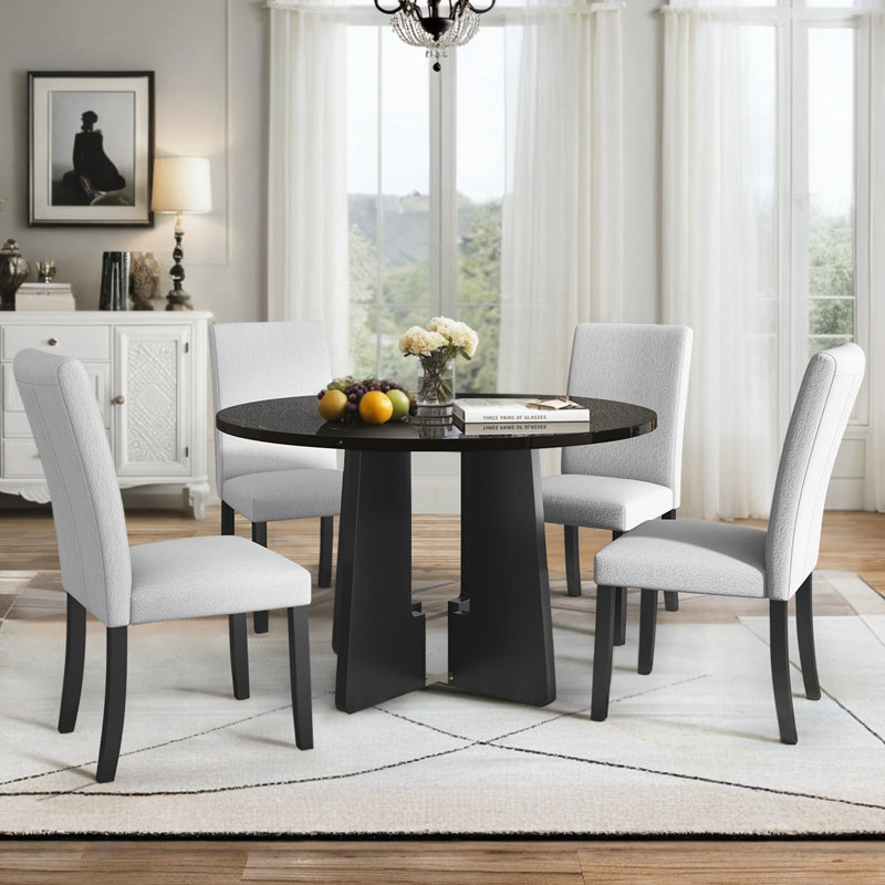 Ensemble de table de salle à manger 5 pièces avec table ronde et 4 chaises, Noir, Beige