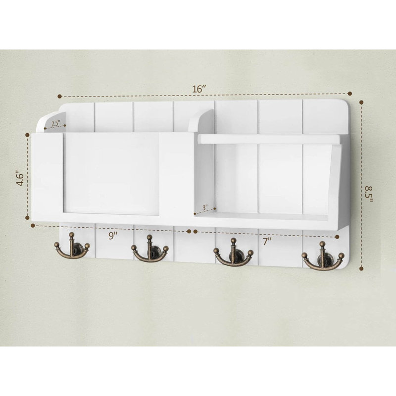 White Painted Wood Wall Organizer with Brass Key Hooks
