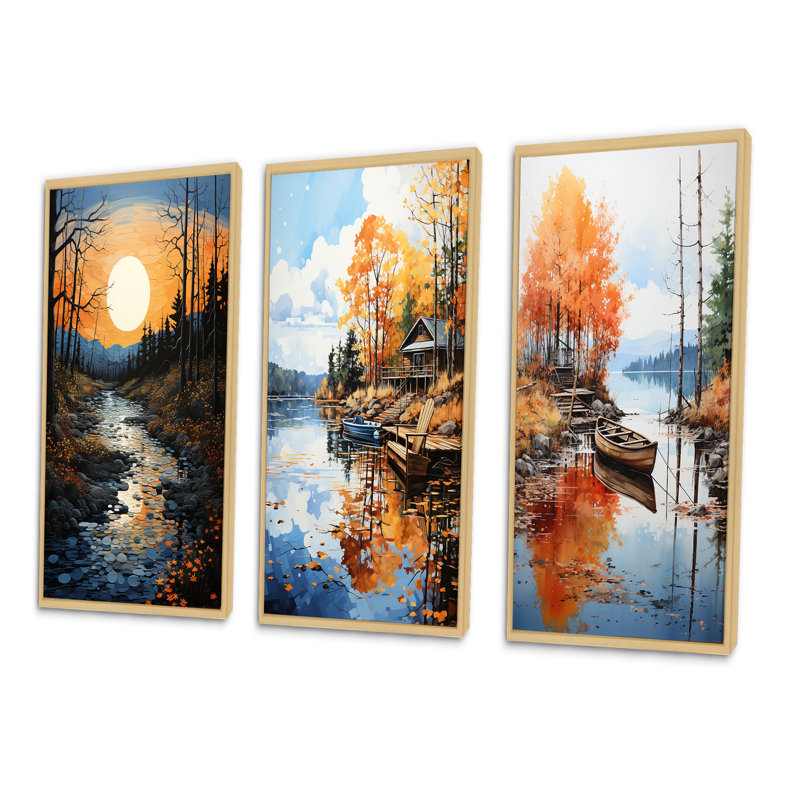 «Lake At Dusk», 3 pièces sur toile, Encadré naturel, H 28 po x l 36 po