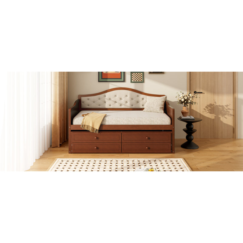 Twin Daybed With Trundle, Twin Size Daybed With 2 Storage Drawers, Wooden Sofa Bed With Upholstered Button Tufted Backrest For Living Room, Bedroom, Guest Room,Walnut