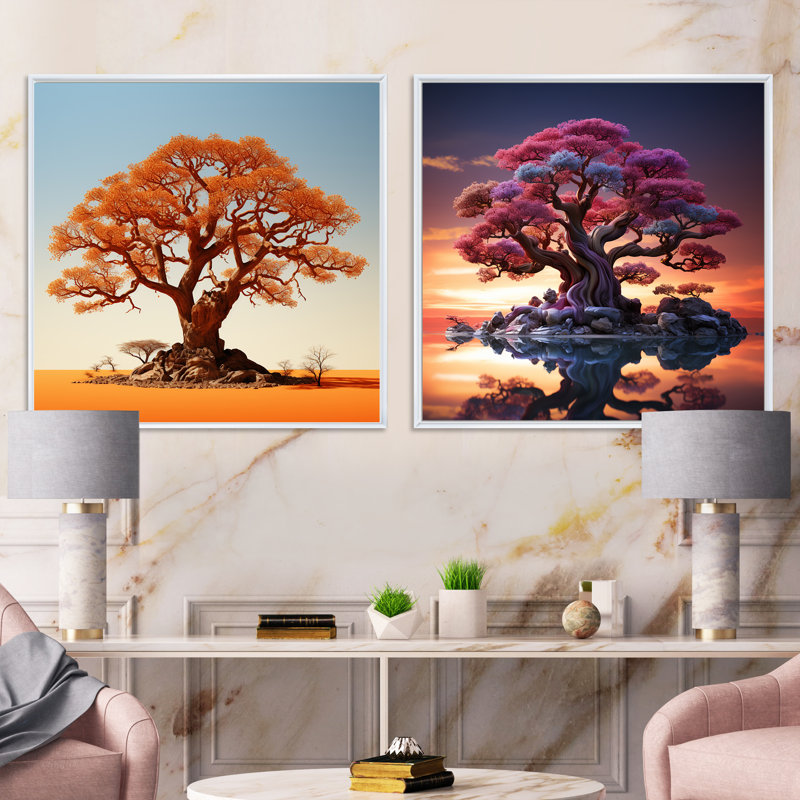 Support à baobabs africain - ensemble de 2 collages carrés baobab, Cadre flottant blanc, H 36 po x l 73 po