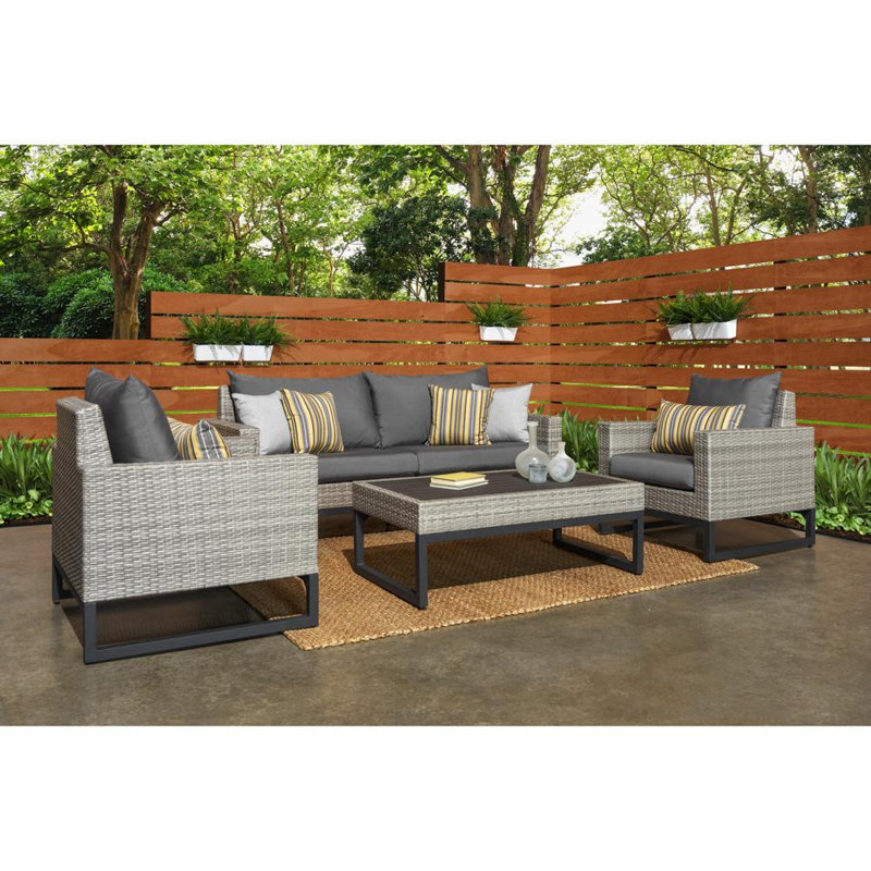Milo 4 Piece Rattan Sunbrella Sofa Set with Cushions, Gray, Charcoal Grey Sunbrella®