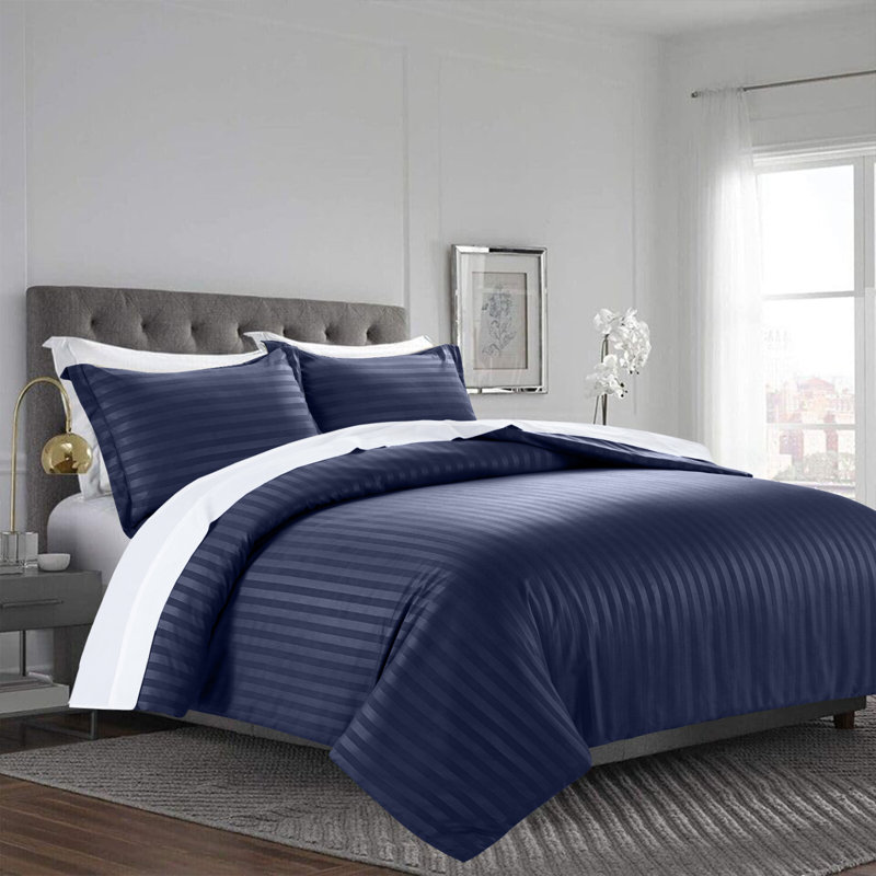 Imperial Homeware London Microfiber Striped Duvet Cover Set with Pillowcases, Navy Striped