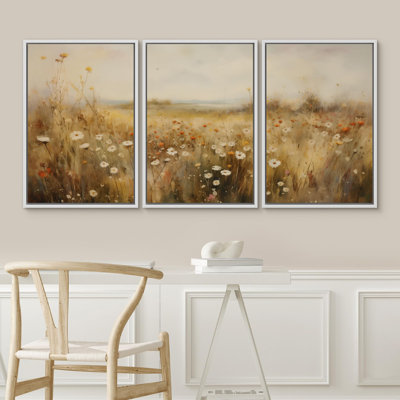 Wildflowers " Wildflower Meadow Pastoral Floral Botanical Country Rustic Vintage Ultra Artwork Decor " 3 - Pieces