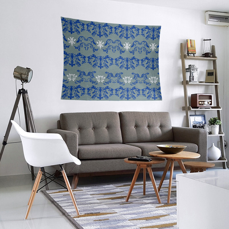 Tapisserie baroque en microfibre Dallas, H 51 po x l 60 po, Gris / bleu marine / blanc