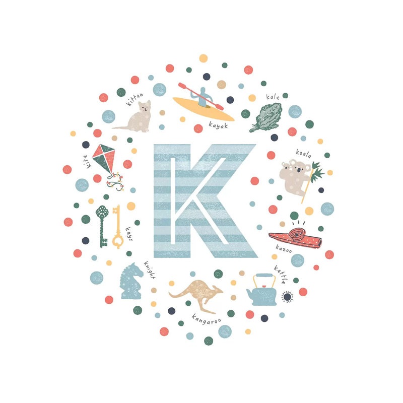 Lettre K illustrée, impression bleue, Toile tendue, Pas de tapis, H 26 po x l 26 po x P 1,5 po
