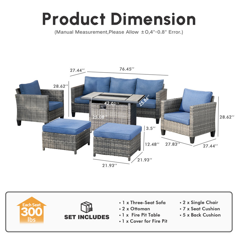 Allcot Rattan Sectional Seating Group with Cushions, Denim Blue
