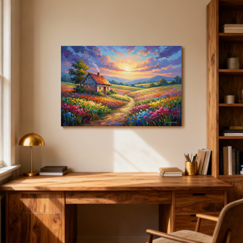 Paysage et nature, campagne, coucher de soleil, champ de fleurs, sentier, peinture de paysage, H 12 po x l 18 po