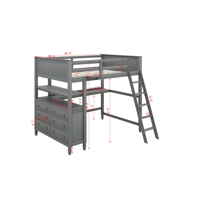 Lit mezzanine double avec tiroirs et bureau Jamarus, gris