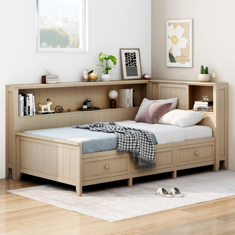 Lit de jour en bois avec tablettes de rangement et 3 tiroirs, Lit simple