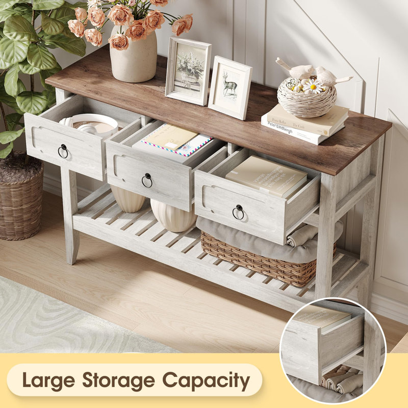 Rustic Entryway Table With Large Storage Space, Brown, White