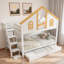 Lit superposé en bois avec escalier de rangement, lit gigogne, toit de maison et porte de fenêtre-791258927
