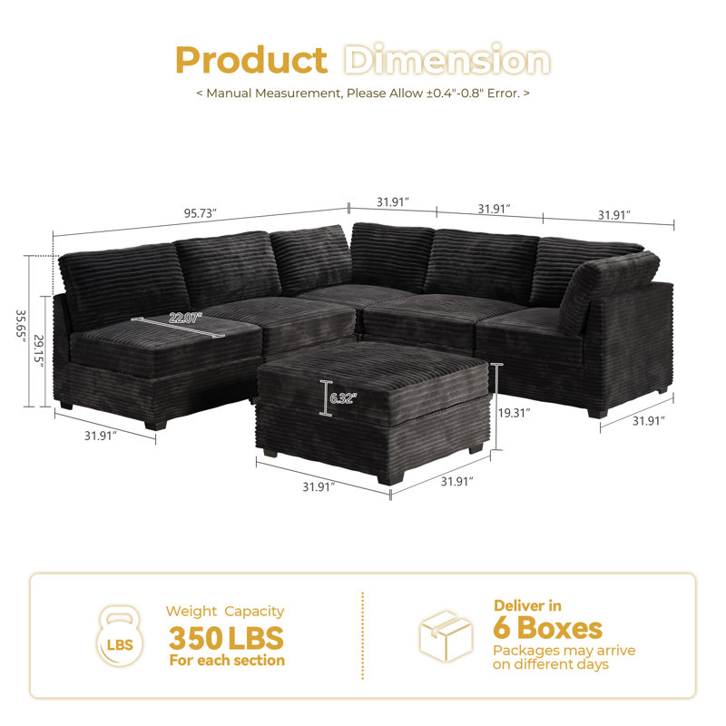 Hogle 95.7'' Modular L-Shaped Sectional Plush Corduroy Sofa With Movable Ottoman, Black Corduroy