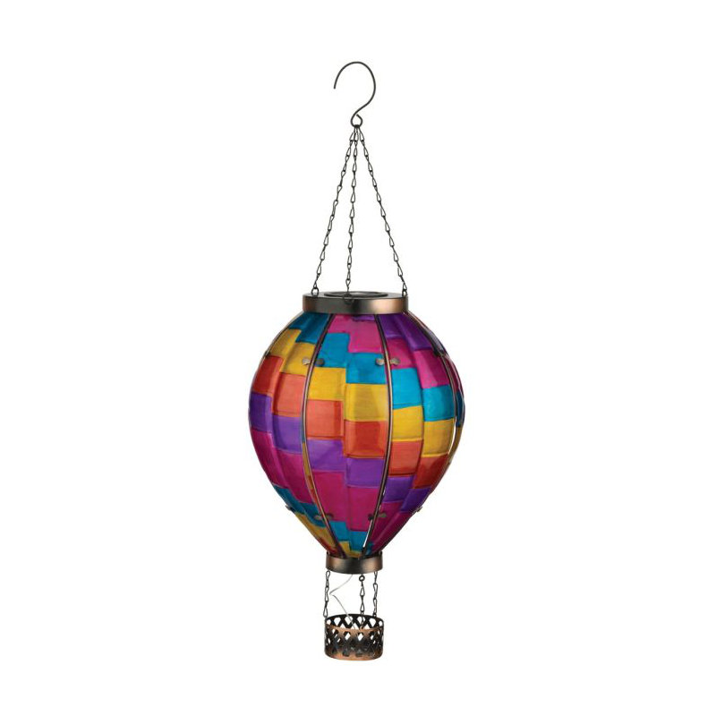 27" Hanging Solar Hot Air Balloon Lantern with Glass Panels and Metal Frame, Stripe