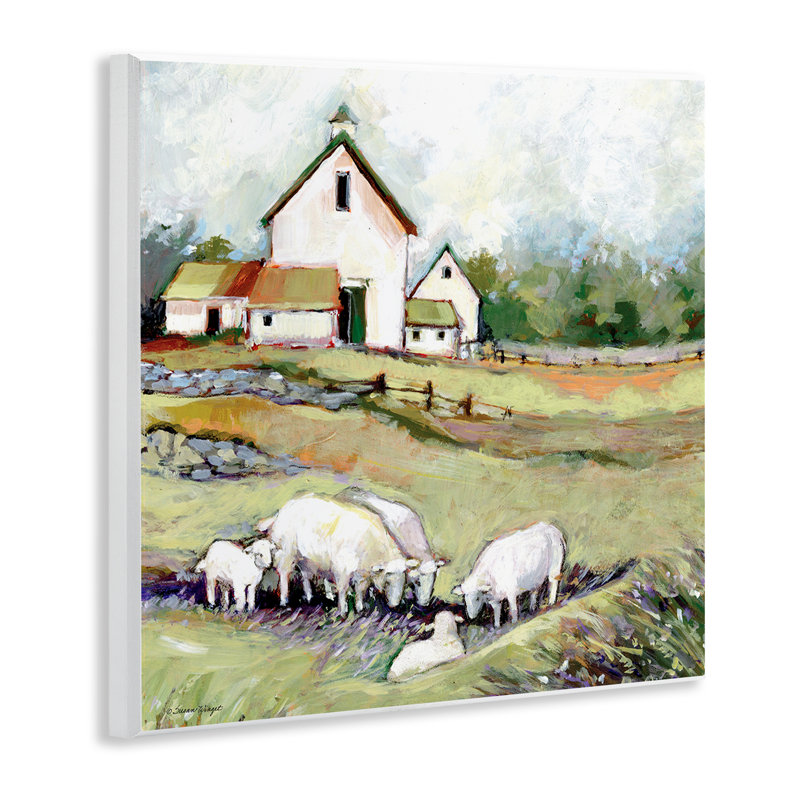 Moutons qui broutent à la grange, plaque murale, design par Susan Winget