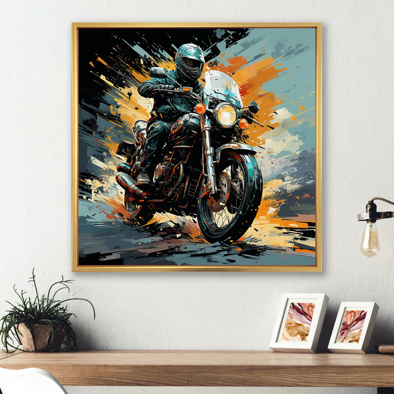 Motocyclette sur toile, Cadre flottant doré, 16" H x 16" W