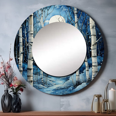 Birch Woods Mystic Moonlight I - grand miroir mural, miroir mural rond bleu, reproduction d'art en métal