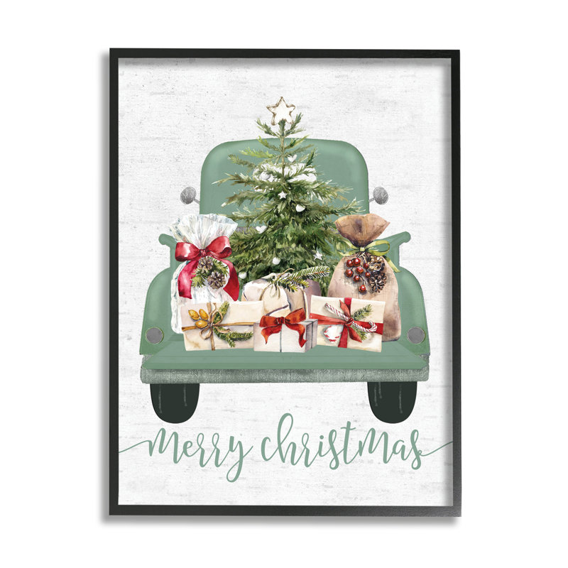 Az-655 - Camion de joyeux Noël encadré sur bois, H 14 po x l 11 po x P 1,5 po, Giclée encadrée noir minuit